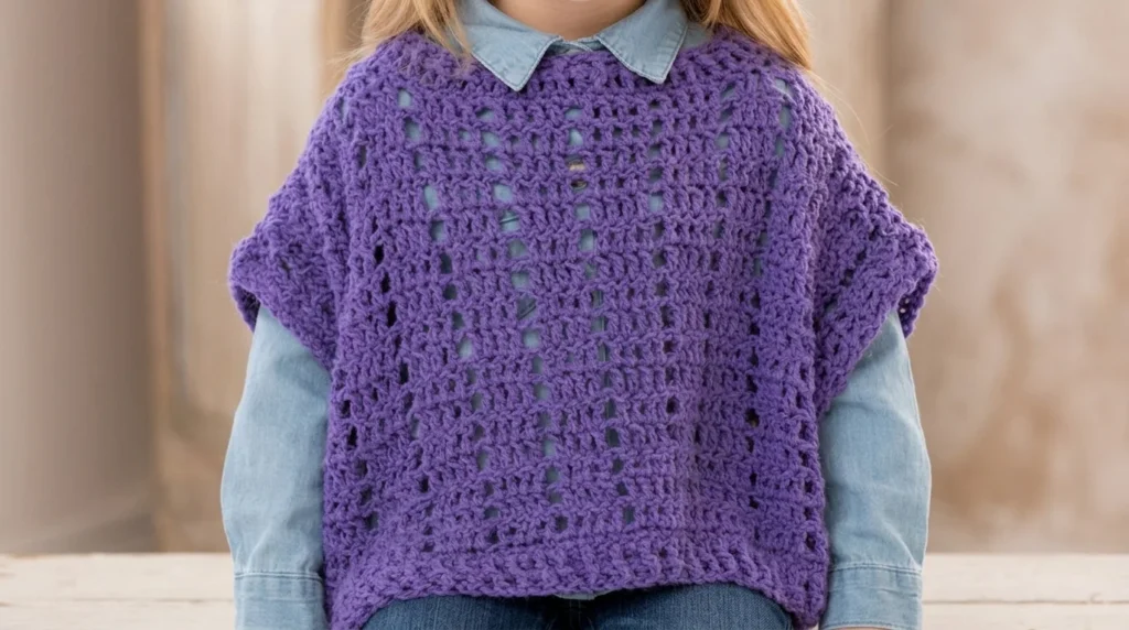 Easy Crochet Fashion Poncho: A Cozy Pattern for Beginners 1 A young girl wearing a cozy, handmade crochet fashion poncho