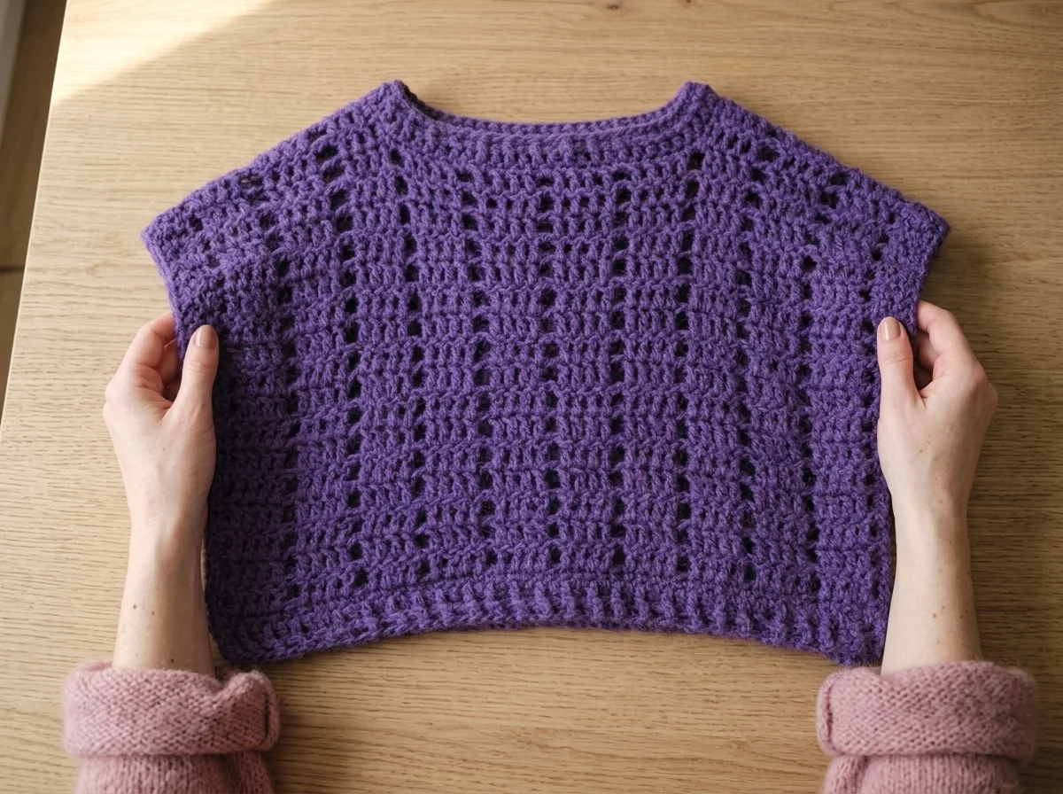 Easy Crochet Fashion Poncho: A Cozy Pattern for Beginners 2 Finished handmade crochet fashion poncho laid flat