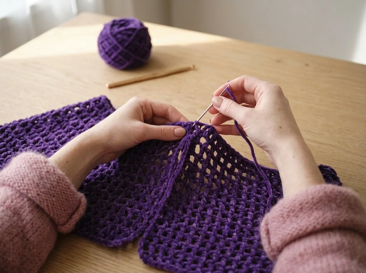 Easy Crochet Fashion Poncho: A Cozy Pattern for Beginners 7 Sewing the shoulders of the crochet poncho